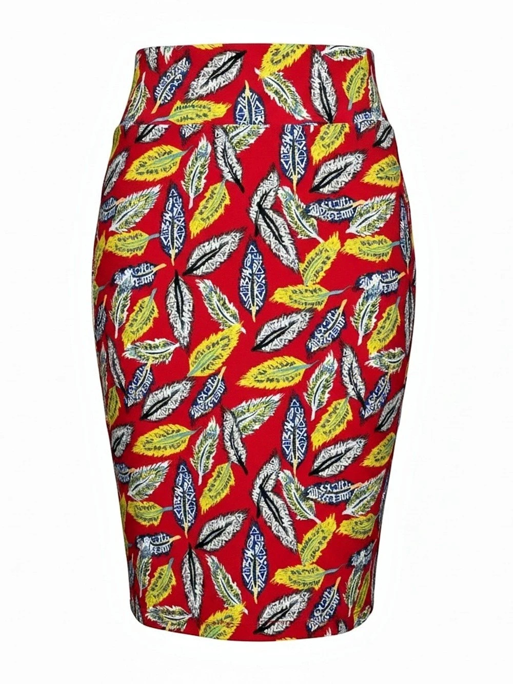 LuLaRoe Cassie Feather Print Pencil Skirt Red & Yellow XL NWT